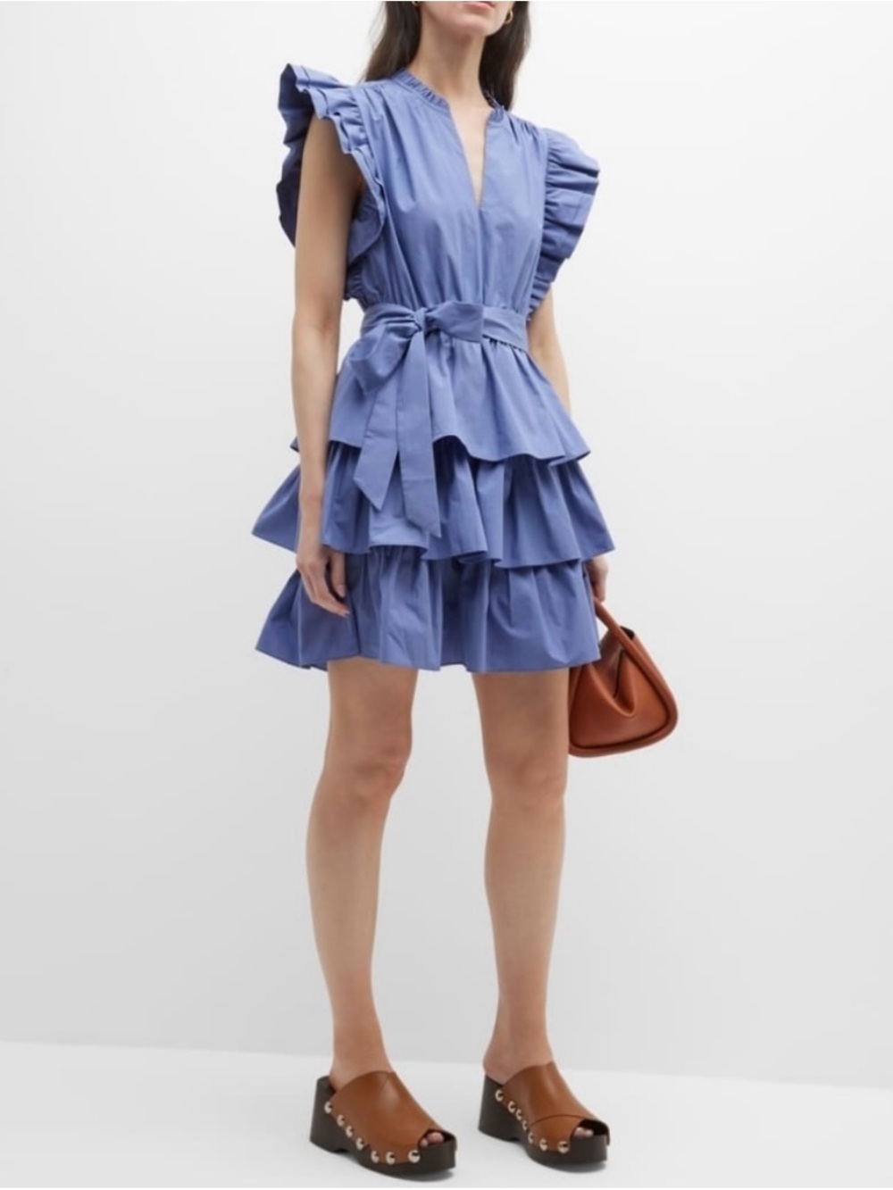 Marie Oliver Periwinkle Ruffle Tiered Mini Dress with Waist Tie